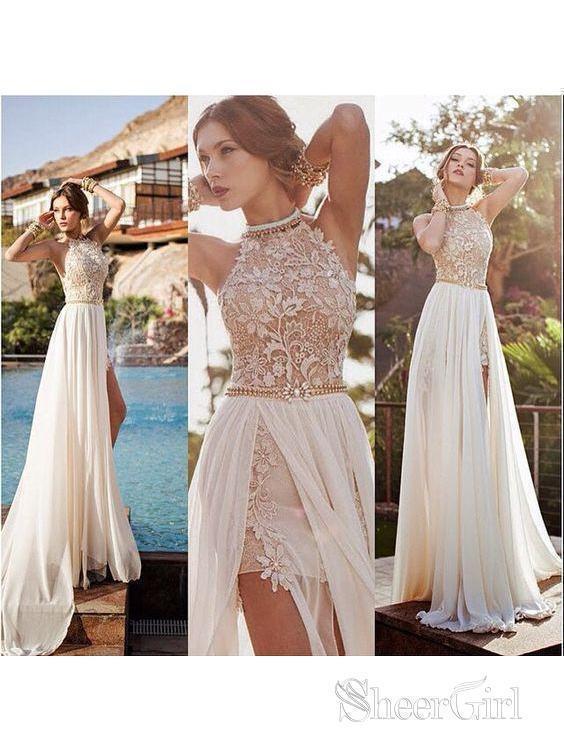White Deep V Neck Mermaid Backless Long Prom Dresses with Sweep Train, –  Shiny Party